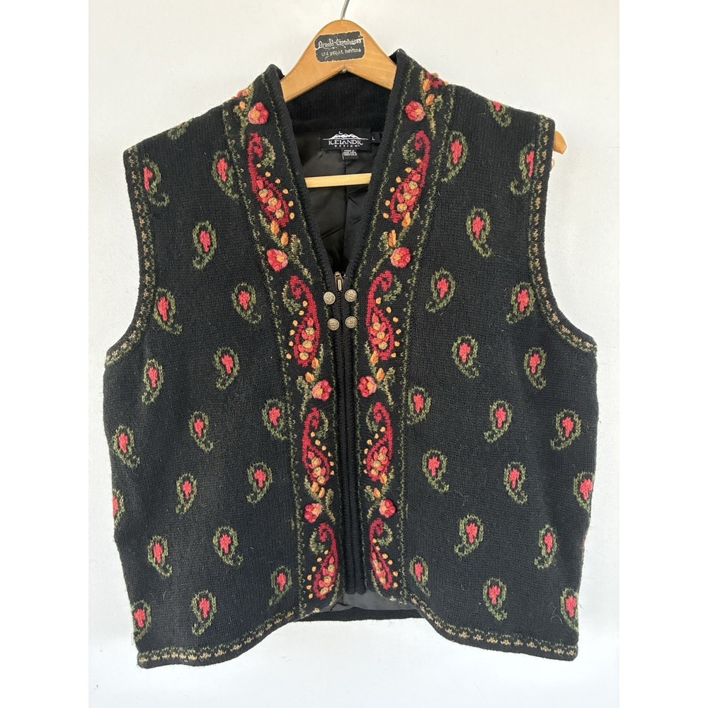 Icelandic Design Vest Euro Folk‎ Paisley Black Knit Embroidered Women Large